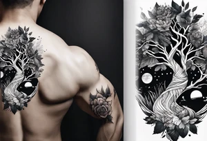 a tattoo for the inner bicep of a combination of tree DNA helix and adam creation hands tattoo idea