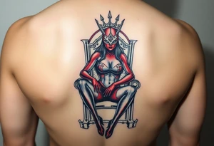 powerful female dominatrix wearing a red latex catsuit and facemask sitting on her throne tattoo idea