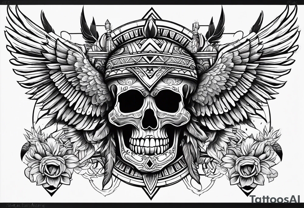 aztec skull tatto, with mexican roots and with eagle or exotic birds in the background with angel wings tattoo idea