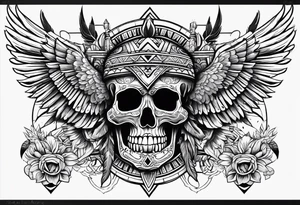 aztec skull tatto, with mexican roots and with eagle or exotic birds in the background with angel wings tattoo idea