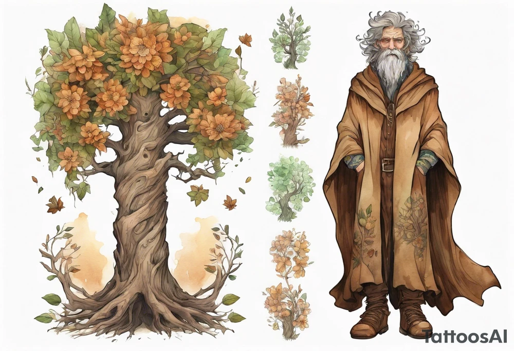 A tall, beautiful old tree-man hybrid with leafy hair and a cloak made of flowers. Wearing brown mukluks. tattoo idea