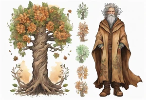 A tall, beautiful old tree-man hybrid with leafy hair and a cloak made of flowers. Wearing brown mukluks. tattoo idea