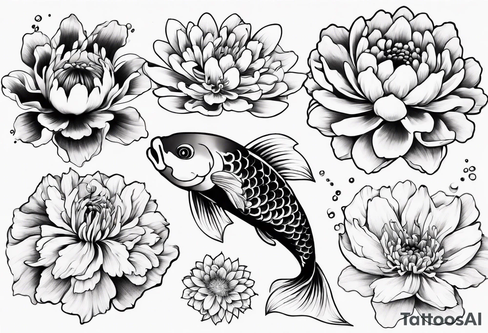 Japanese style tattoo koi daffodils, chrysanthemum and waves tattoo idea