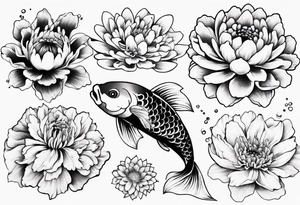 Japanese style tattoo koi daffodils, chrysanthemum and waves tattoo idea