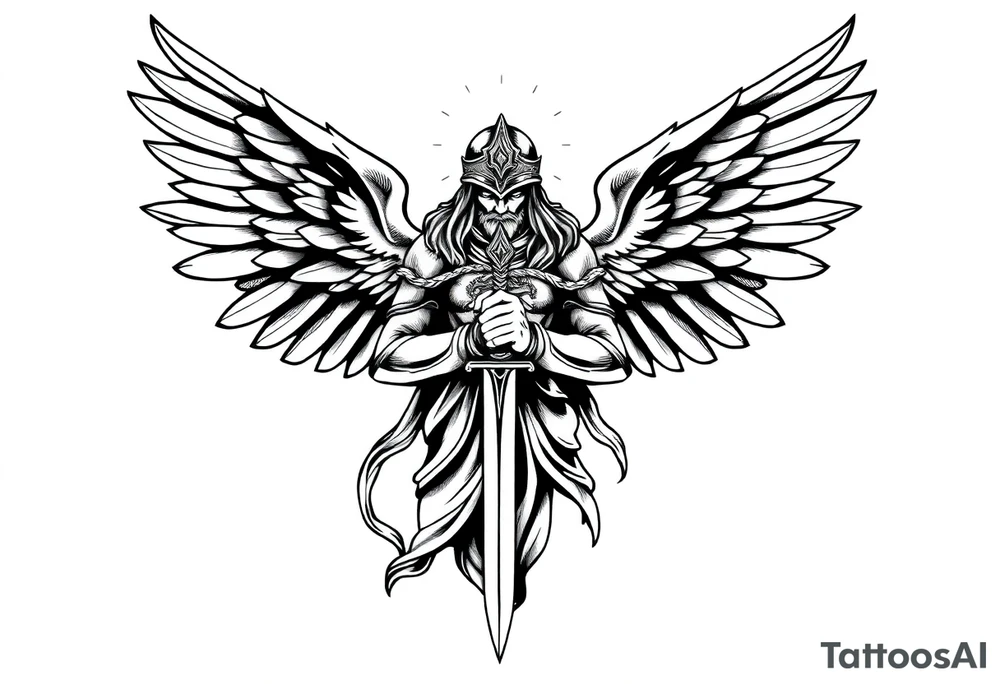Holy Archangel, Biblical, Christianity, Hebrew, Guards of Christianity, Holding a sword, having six wings, wearing helmet, halo, seraphim, seek justice, walk only with God tattoo idea