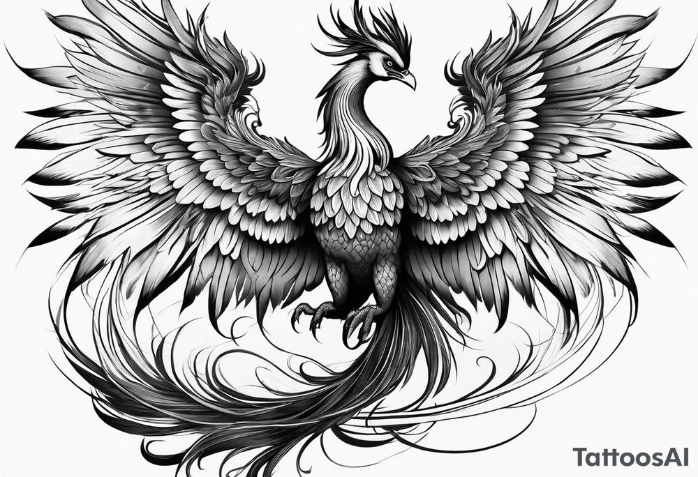 asian elegant long feathered phoenix
with a long neck, with wings in closed tattoo idea