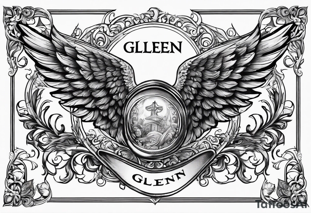 The word Glenn on a banner with angel Wings tattoo idea