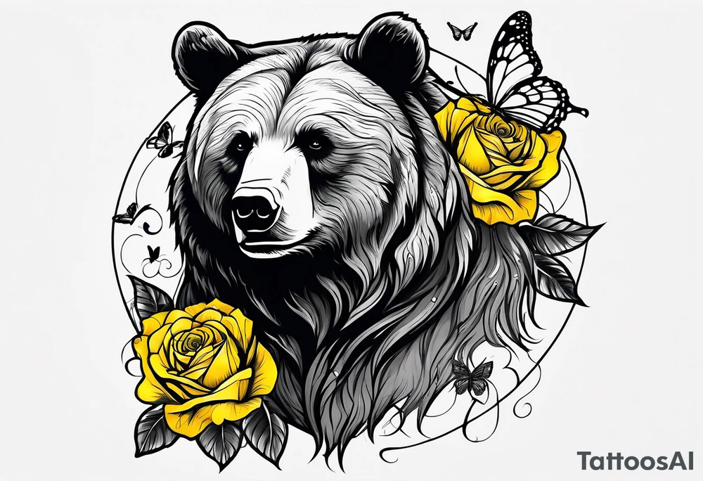 A bear with three yellow roses, three butterflies, and the tree of life symbol tattoo idea