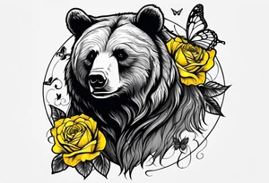 A bear with three yellow roses, three butterflies, and the tree of life symbol tattoo idea