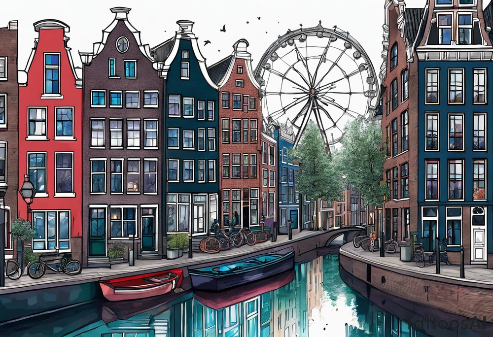 Tattoo of amsterdam buildings and canal featuring glass, wolf and stag in galaxy colours tattoo idea