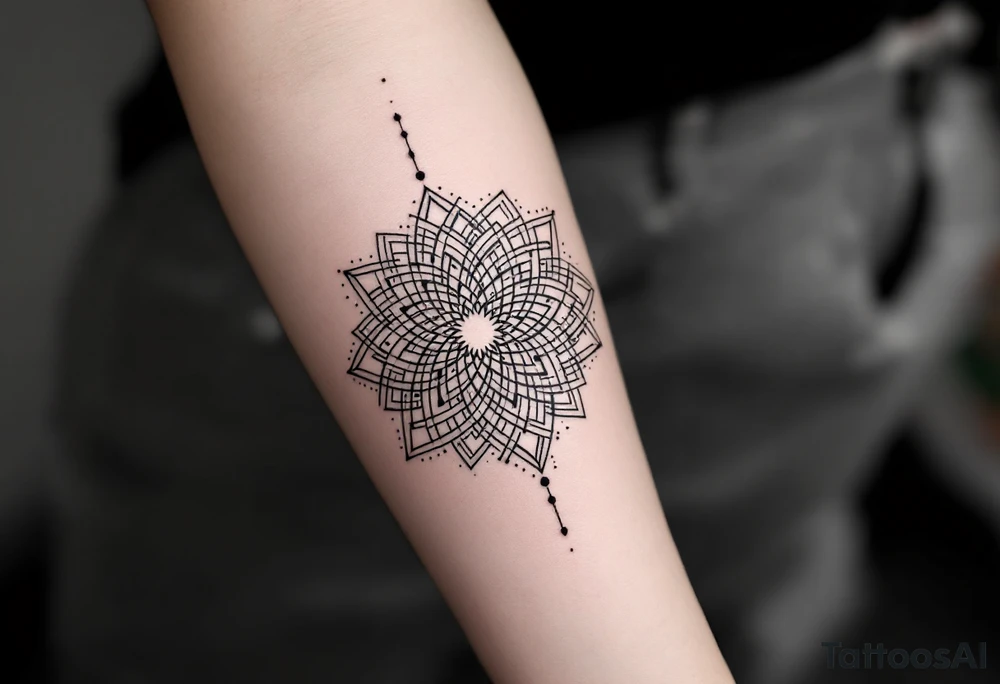 simple, minimalist tattoo, sacred geometry mandala, centerpiece design, dotwork patterns, radiating geometry, symmetrical mandala, geometric shapes, intricate dotwork, sacred patterns, mandala center, geometric radiating, fine line work, black grey shading, minimalist design, no outlines, arm placement, delicate linework, precise geometry, clean symmetry, sacred symbols, geometric precision, dotwork details, mandala focal point, refined patterns, understated complexity, geometric harmony, minimalist tattoo idea