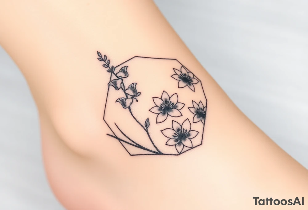 Hexagon Leo larkspurs and water lilies tattoo idea