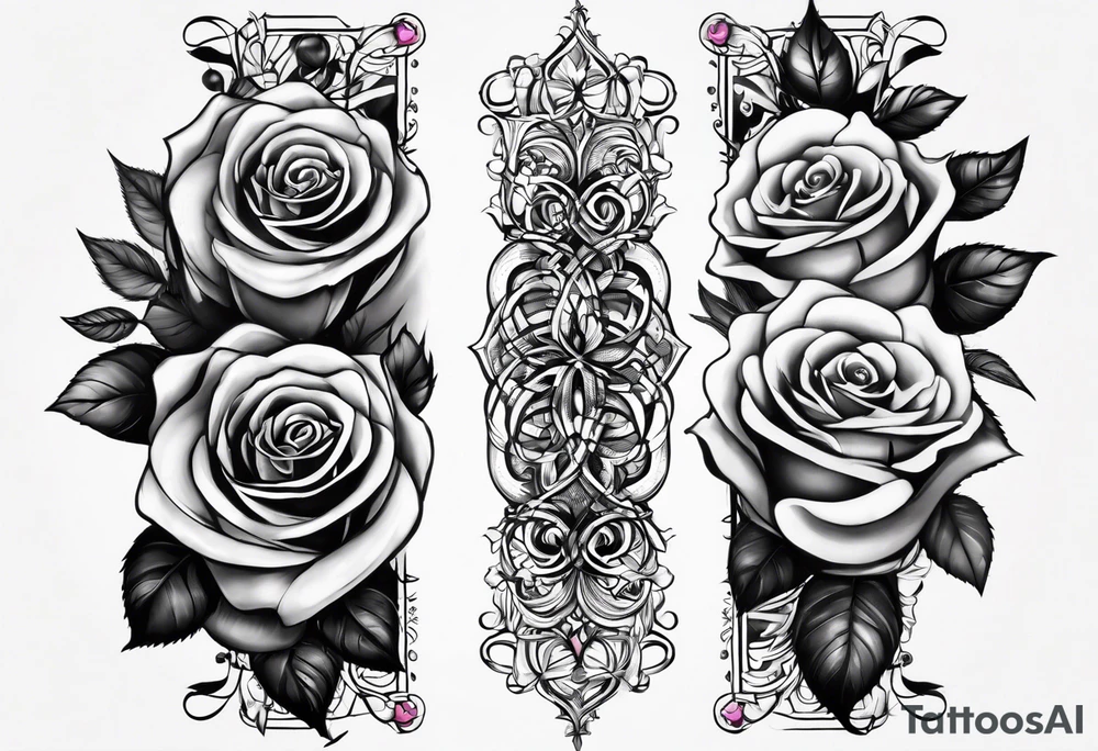 long vertical tattoo to cover my whole shin showing two separate rose stems wrapped around each other, one stem should have thorns and one should be thornless I want a long stem to shower them intertwined tattoo idea