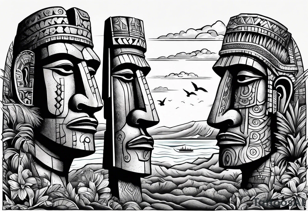 Easter island heads on an island landscape and hawks circling above tattoo idea