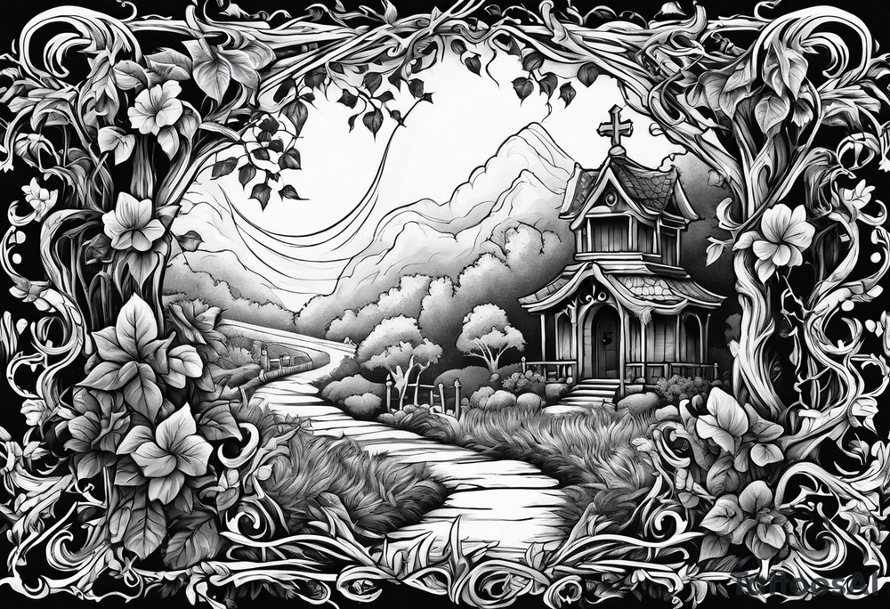 Leafy vines with grave yard tattoo idea