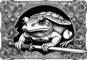 toad with sword; samurai sword Is pointing down(sword stuck in the ground) as if the toad was standing; no clothes tattoo idea