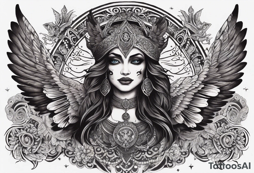black kali, goddess pirate, alien, angel, pachamama, valkrye, warrior, flying, skull, lotus azul, wing, eagle, zenza resonance, stars, 5D, anahata chakra, death, durga, riding on a tiger, flying lady, kundalini, chest tatoo tattoo idea