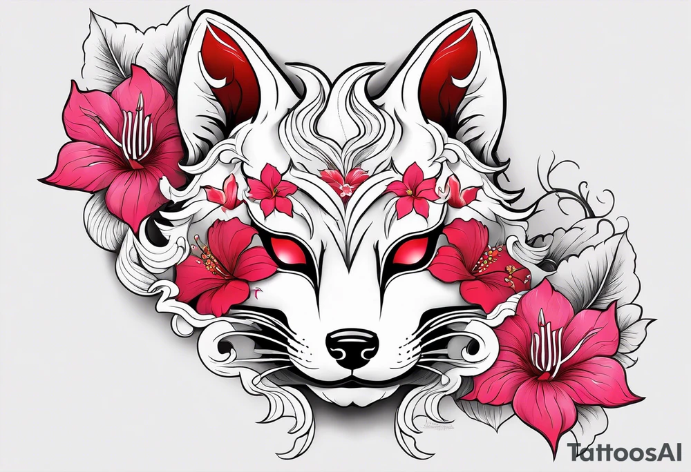 White half broken kitsune mask with red accents and pink hibiscus flowers tattoo idea