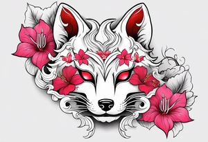 White half broken kitsune mask with red accents and pink hibiscus flowers tattoo idea