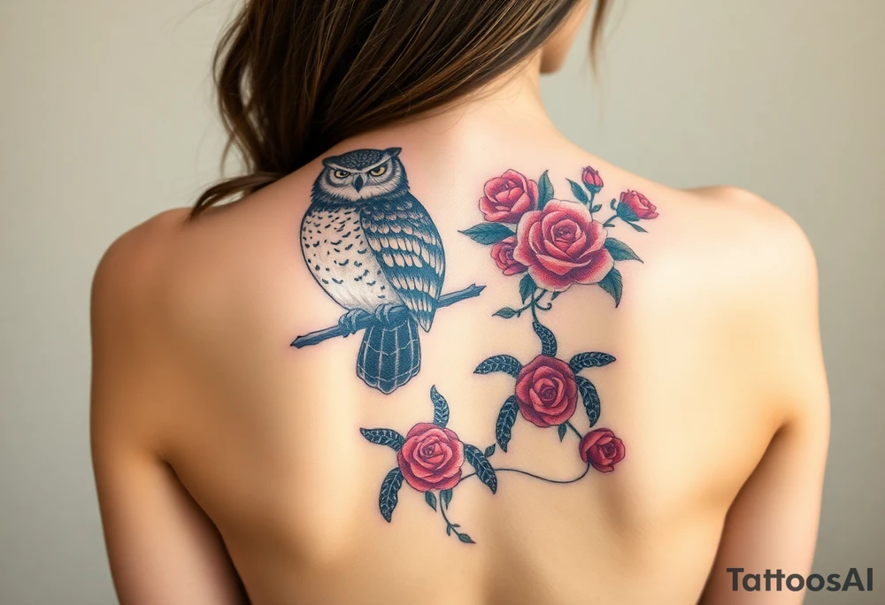 Full back owl on left shoulder flowers on right 3 turtles down spine use rose and vine overlay
 to fill the empty areas tattoo idea