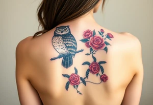Full back owl on left shoulder flowers on right 3 turtles down spine use rose and vine overlay
 to fill the empty areas tattoo idea