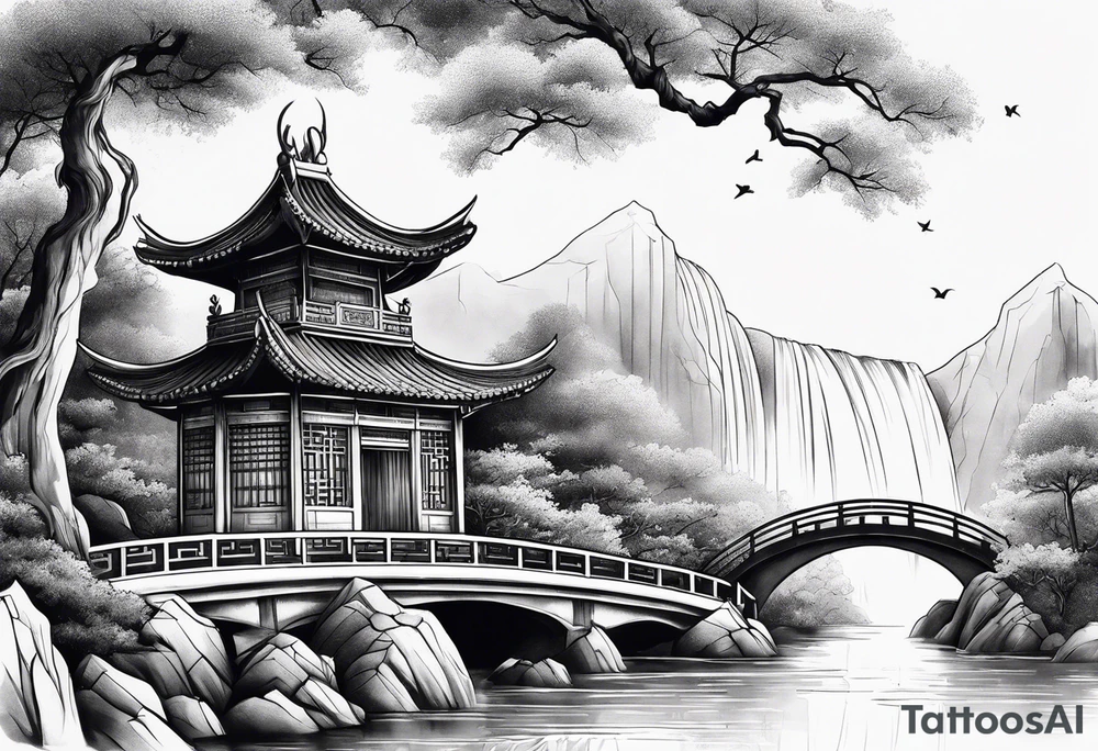chinese temple, waterfall and bridge fine line sleeve tattoo idea