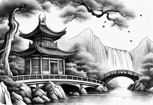 chinese temple, waterfall and bridge fine line sleeve tattoo idea