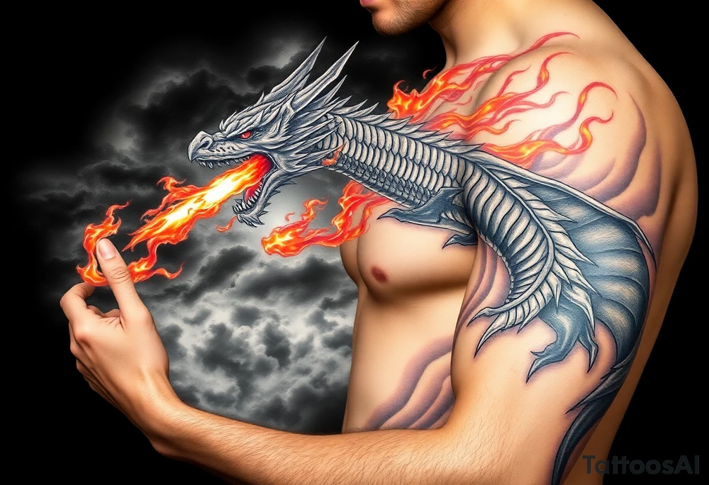 fierce dragon breathing iridescent fire against stormy skies tattoo idea