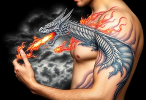 fierce dragon breathing iridescent fire against stormy skies tattoo idea