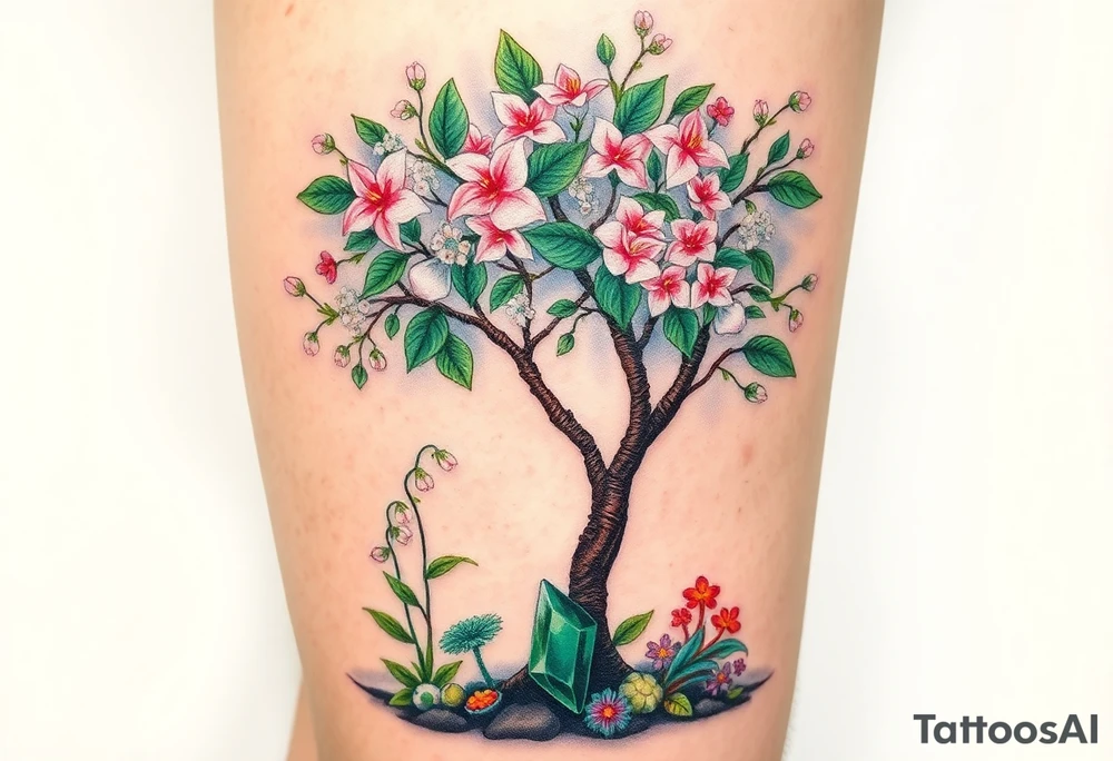 Flowering hawthorne tree with white lilly of the vally bell plants planted by  tree with other colorful  lilly plants on ground with a emerald by tree tattoo idea