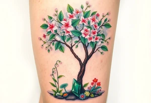 Flowering hawthorne tree with white lilly of the vally bell plants planted by  tree with other colorful  lilly plants on ground with a emerald by tree tattoo idea