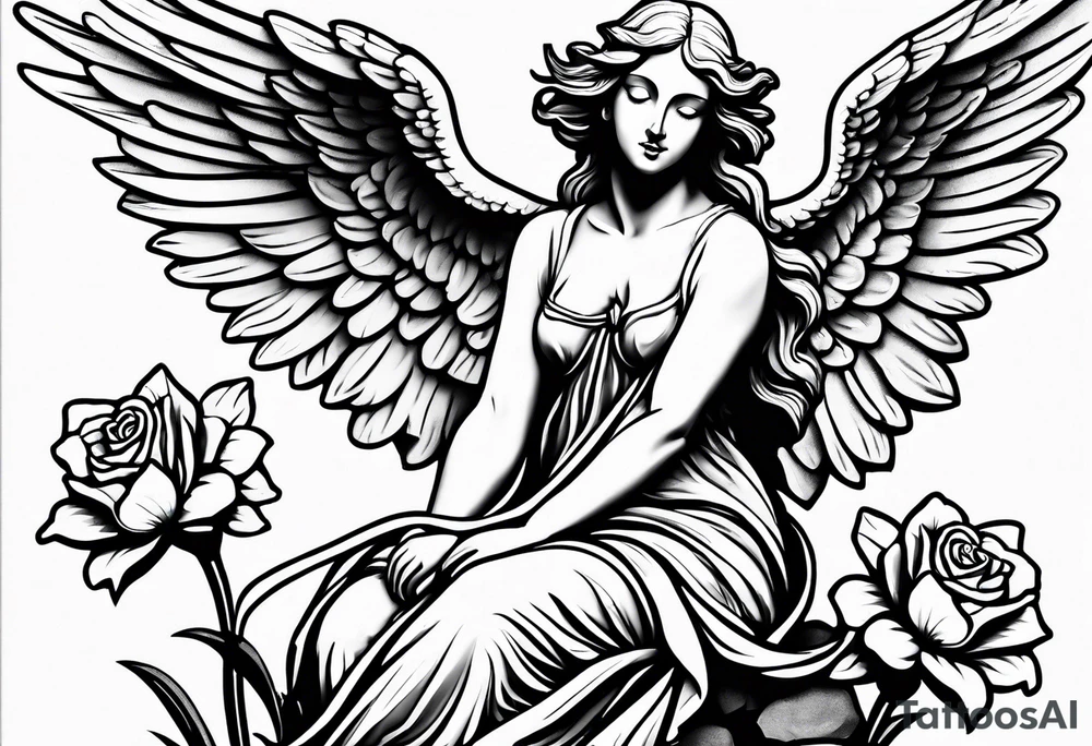Simple Angel statue stood on a rock with daffodils and roses wrapped around its legs tattoo idea