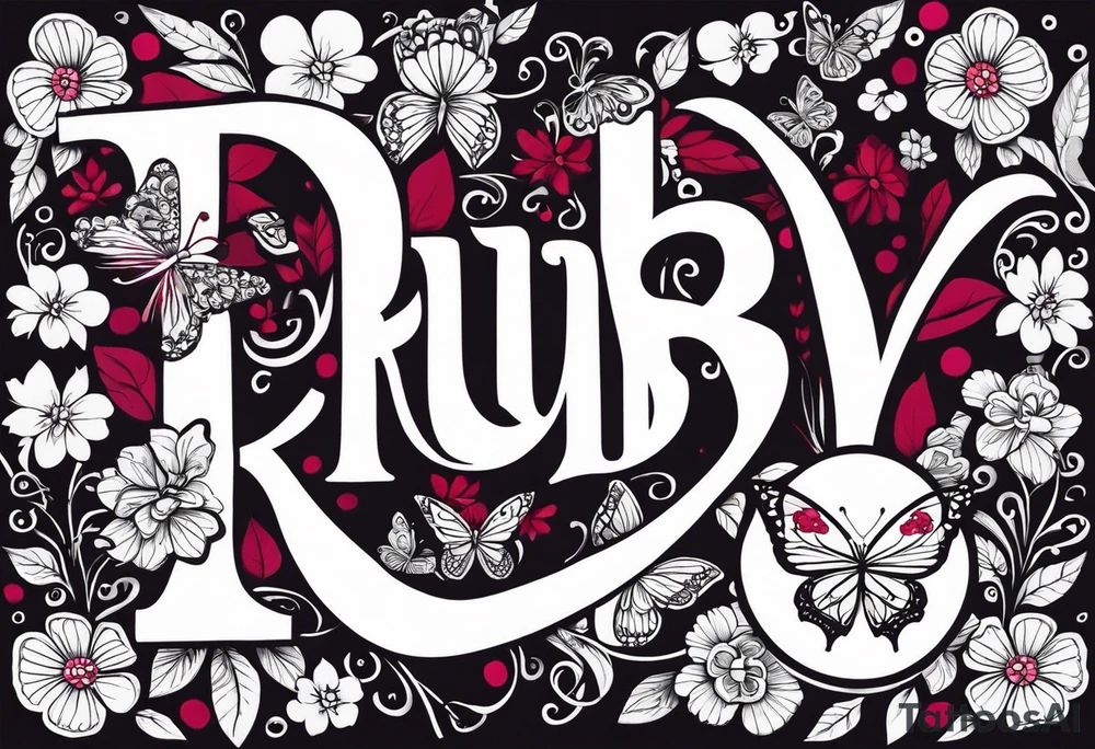 Flowers with "Ruby" and butterflies around it tattoo idea Flowers with "Ruby" and butterflies around it tattoo idea