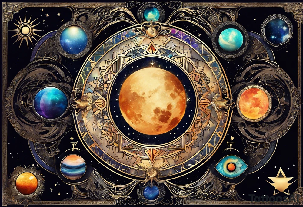 Astrology, Cancer, Natal Chart, symbolic, vision, yin yang, the moon, the sun, Uranus, Pluto, spiritual third eye, mystical armband tattoo idea