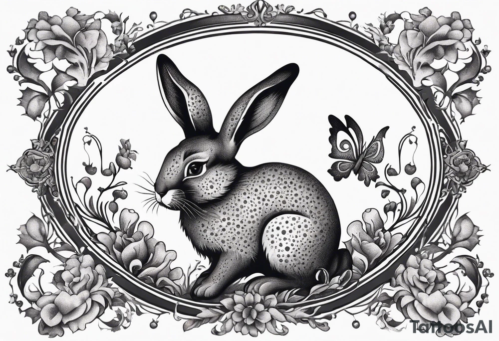 Leaping rabbit in a Victorian gothic floral frame tattoo idea