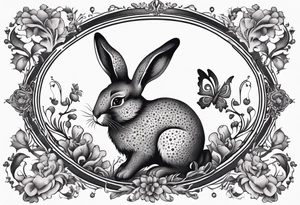 Leaping rabbit in a Victorian gothic floral frame tattoo idea