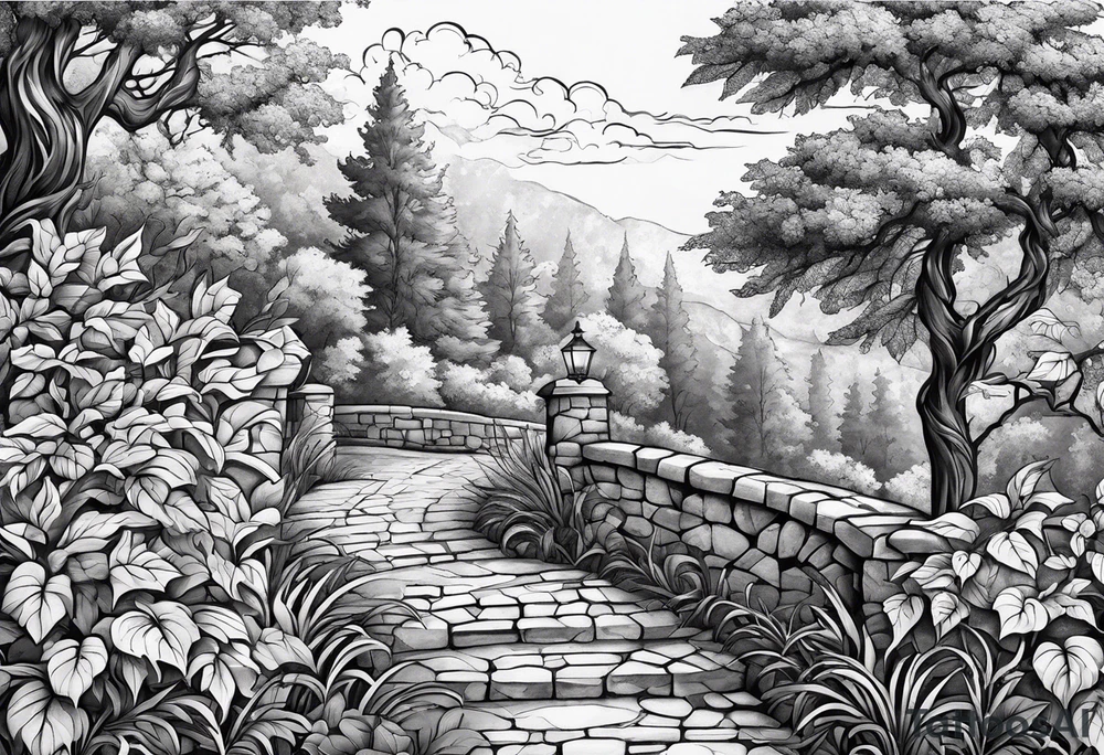 stone road leafy vines tattoo idea
