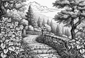 stone road leafy vines tattoo idea