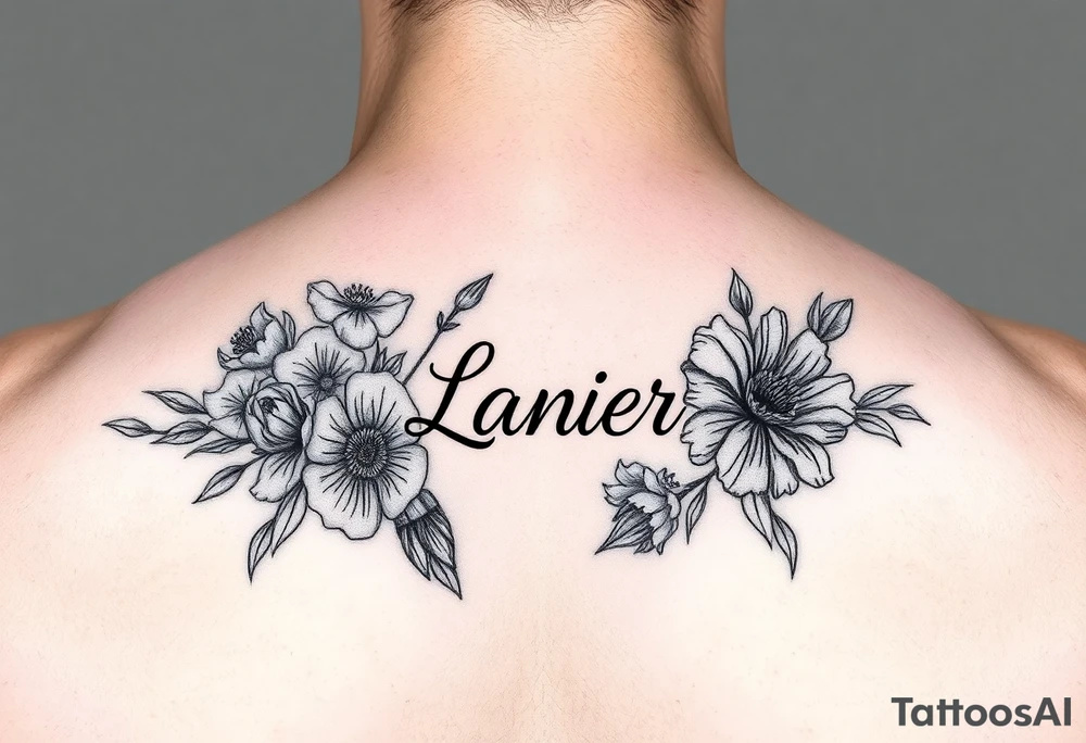 Birth flowers for the month of January February March May, June, July, August, November, and the name Lanier in cursive between the flowers on forarm sleeve tattoo idea