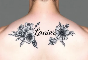 Birth flowers for the month of January February March May, June, July, August, November, and the name Lanier in cursive between the flowers on forarm sleeve tattoo idea