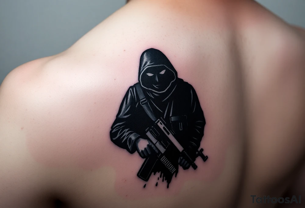 Minimalist covert operative symbolism representing loyalty and survival, faceless soldier silhouette emerging from darkness, torn fabric, subtle scars, controlled posture, black and grey realism, emotional restraint, understated strength, tattoo sleeve element. tattoo idea