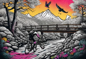 Gravel bike, going down mountain in-between trees, over a bridge with a river and some birds in the background tattoo idea