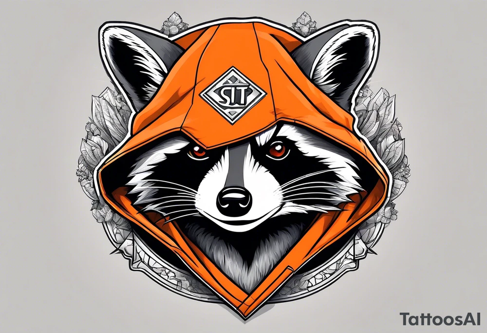 Raccoon wearing an orange Superman hoodie tattoo idea