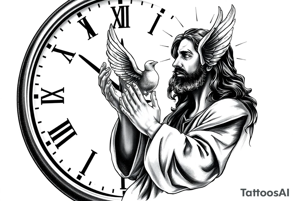 Clock in background, jesus praying, the creation of adam, dove tattoo idea