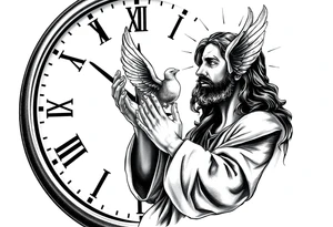 Clock in background, jesus praying, the creation of adam, dove tattoo idea