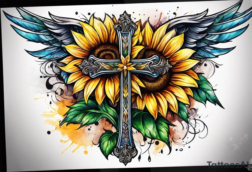 Winged cross with sunflower arm sleeve tattoo idea