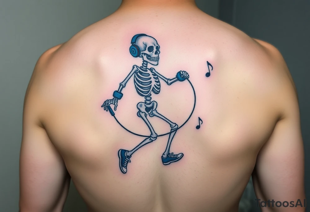 Minimalist funny looking fat skeleton skipping on a jumping rope with blue headphone blue tennis shoes blue arm bands and music notes colorful tattoo idea