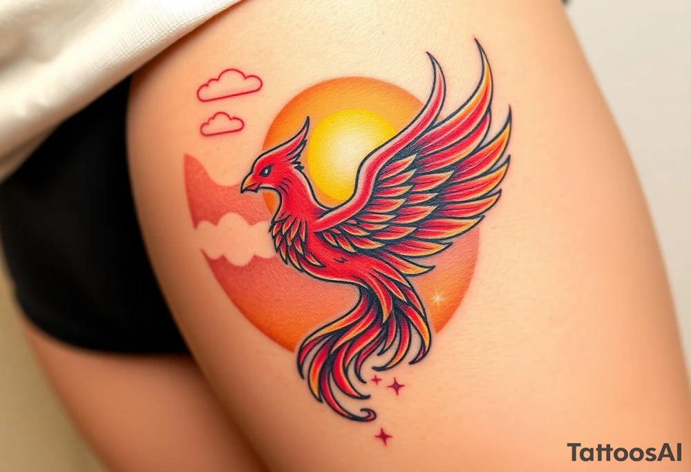 magnificent  phoenix rising from flames with trailing embers  and golden sunset and sky with puffy clouds and heaven backdrop pinks reds orange and yellows and golds with sparkles tattoo idea