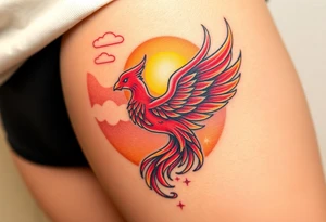 magnificent  phoenix rising from flames with trailing embers  and golden sunset and sky with puffy clouds and heaven backdrop pinks reds orange and yellows and golds with sparkles tattoo idea