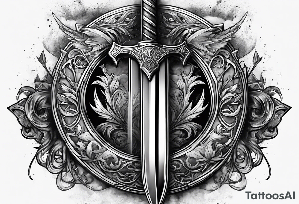 Valhalla sword shield axe mist tattoo idea